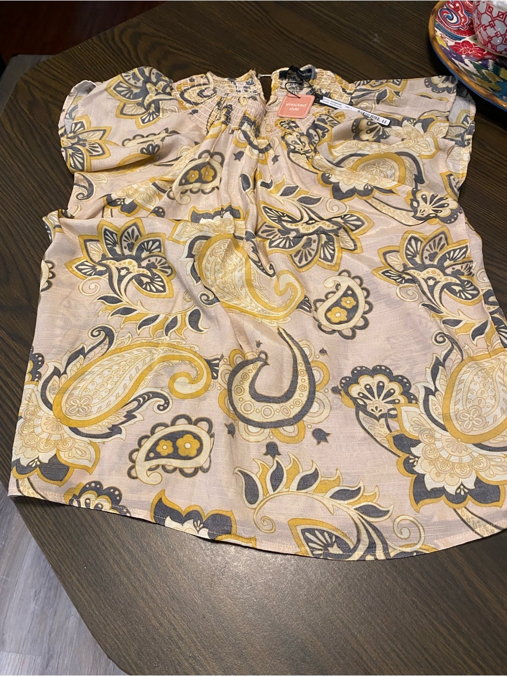 Harve Benard Yellow & Gray Paisley Short Sleeve Blouse